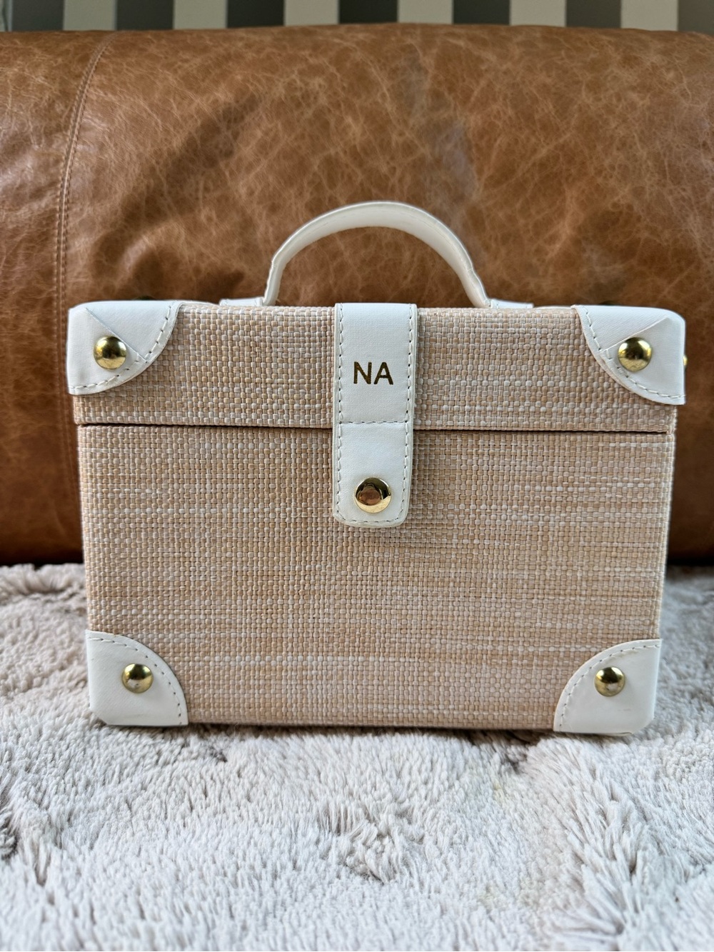 Mark and Graham MONTAUK RAFFIA CROSSBODY in White with NA Monogram